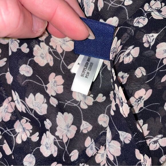 Chaps brand black & white floral print tuxedo ruffle front button up SZ L - Picture 8 of 10